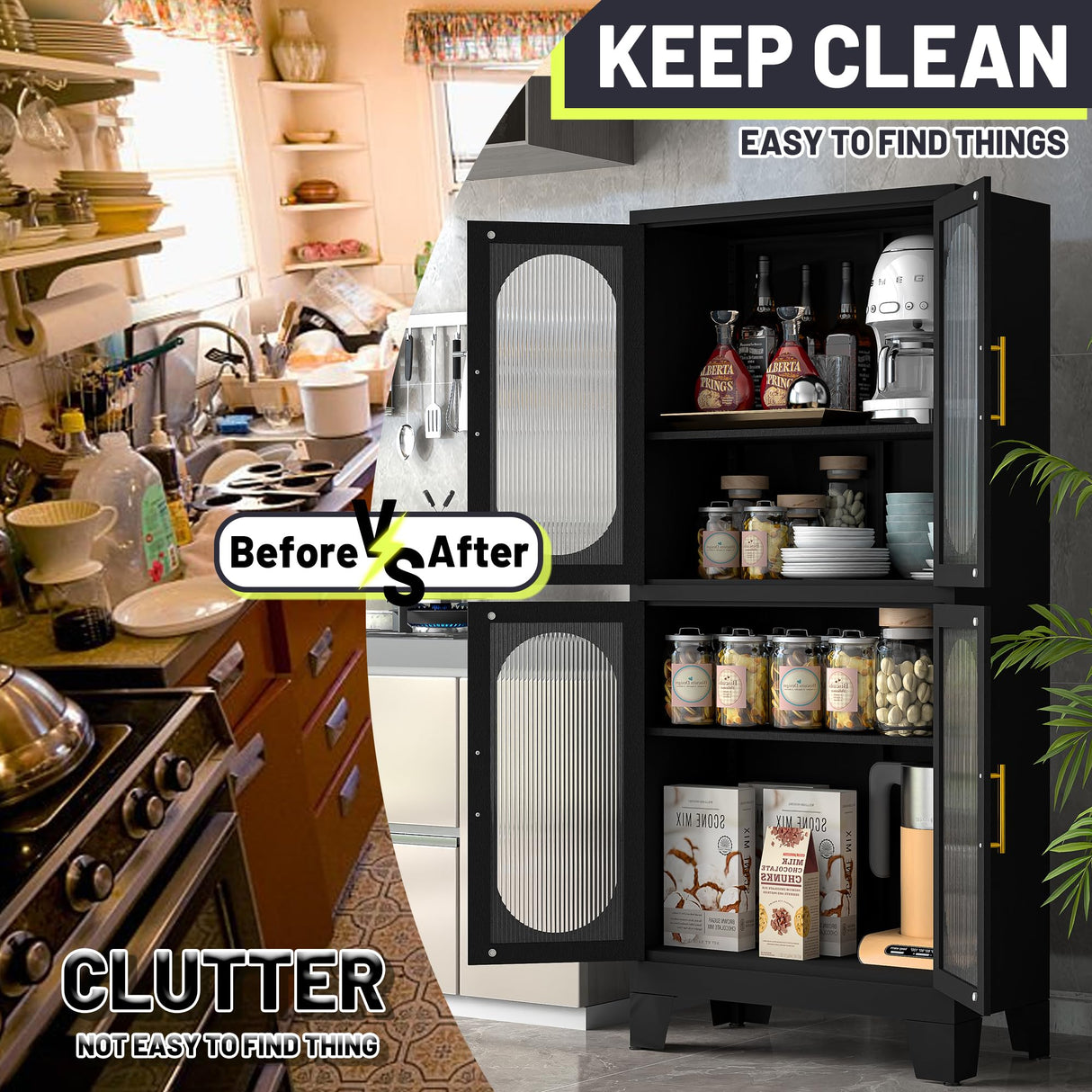 PAOFIN 61" Black Pantry Storage Cabinet, Kitchen Pantry Cabinet with Acrylic Glass Doors and Shelves, Kitchen Pantry with Adjustable Leveling Foot for Kitchen, Living Room and Dining Room. 61" PAOFIN