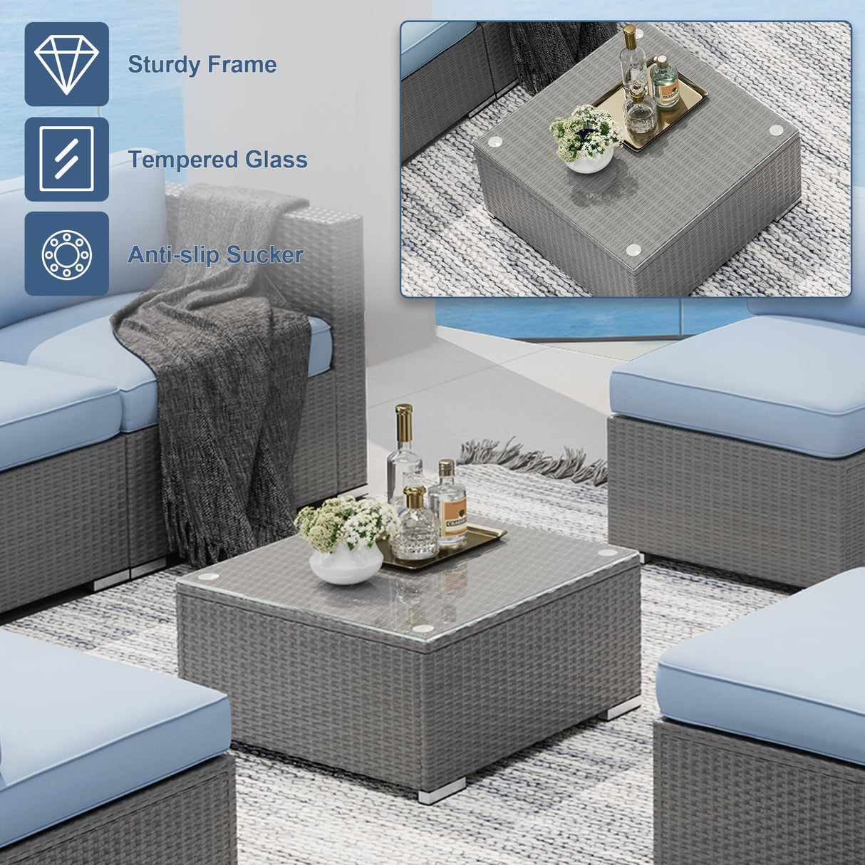 SUNCROWN Outdoor Patio Furniture Set 8 Piece Outdoor Sectional Sofa Grey Wicker Conversation Sofa Set with Coffee Table, Cushions and Fire Pit Table, Light Blue SUNCROWN