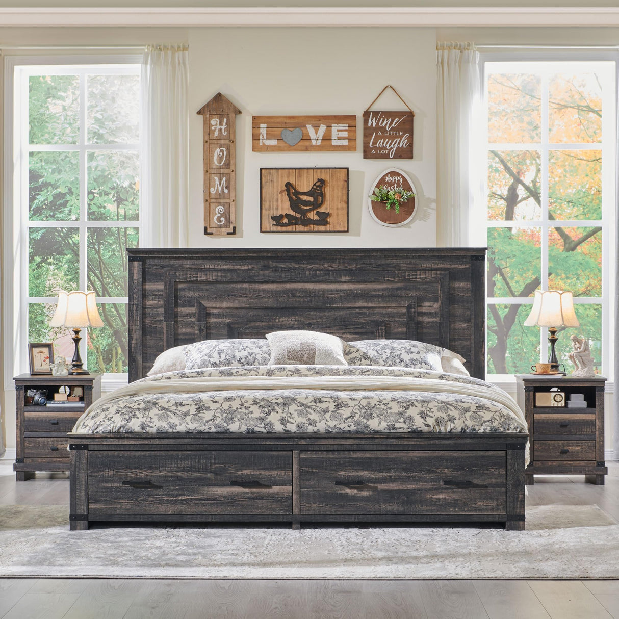 RedLemon Farmhouse Queen Size Wood Bed Frame with 54" Tall Geometric Headboard, 2 Large Storage Drawers, Solid Wood Slats Support, Noise Free, No Box Spring Needed, Dark Rustic Oak RedLemon