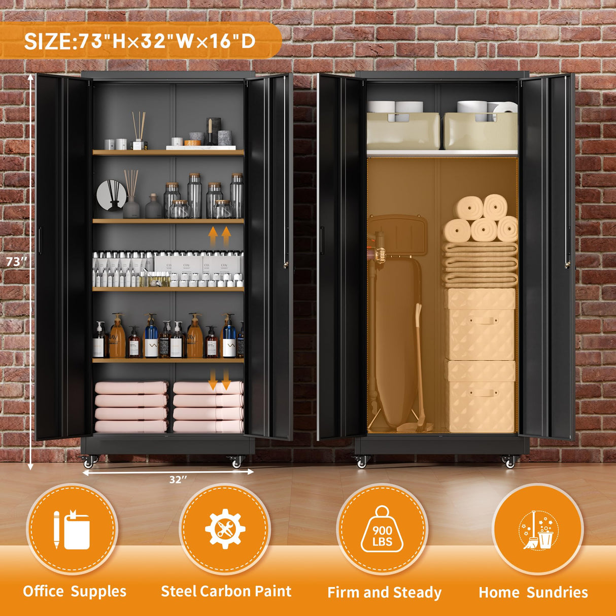 Greenvelly 74" Metal Storage Cabinet with Wheels, Lockable Rolling Metal Garage Cabinets with 2 Doors and 4 Adjustable Shelves, Rolling Tool Cabinet for Garage, Home Office, School Greenvelly