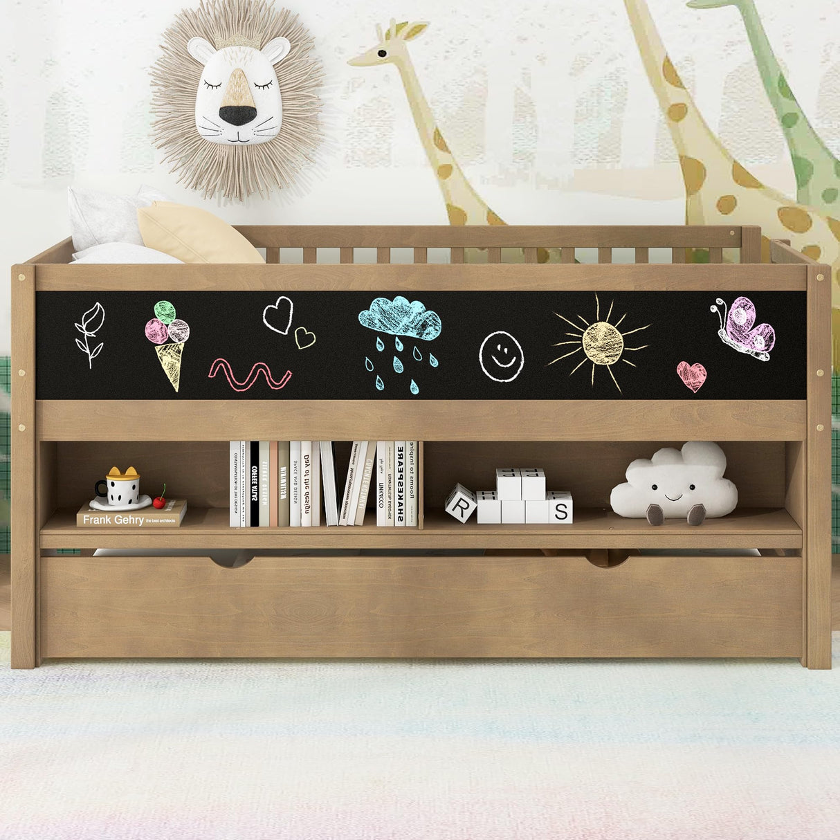 JIJIWANG Twin Size Low Loft Bed with Storage Shelves and Blackboard Wooden Loft Bed with Trundle, Wood Slats Support, No Box Spring Required, Walnut JIJIWANG