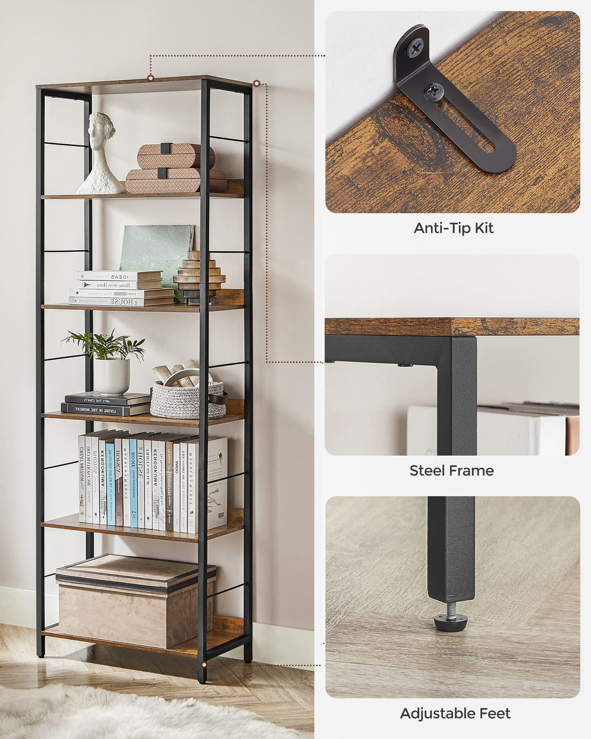 VASAGLE Industrial 6-Tier Bookshelf with Protective Back Panels - Rustic Brown & Black Decor Storage Unit VASAGLE