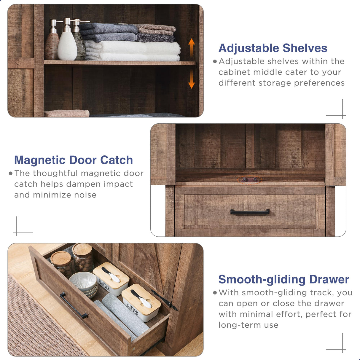 JXQTLINGMU Farmhouse Kitchen Pantry Cabinet - 72" Tall Wood Kitchen Storage Cabinets with Adjustable Shelves & 2 Barn Doors & Drawer, Versatile Storage for Dining Room, Bathroom, Light Brown JXQTLINGMU