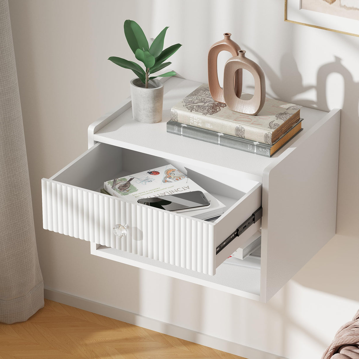 BEWISHOME White Floating Nightstand,Modern Fluted Floating Bedside Table, 15.7" Wall Mounted Nightstand with Drawer & Open Shelf,Small End Table Bedside Shelf for Bedroom, White KTZ06W BEWISHOME