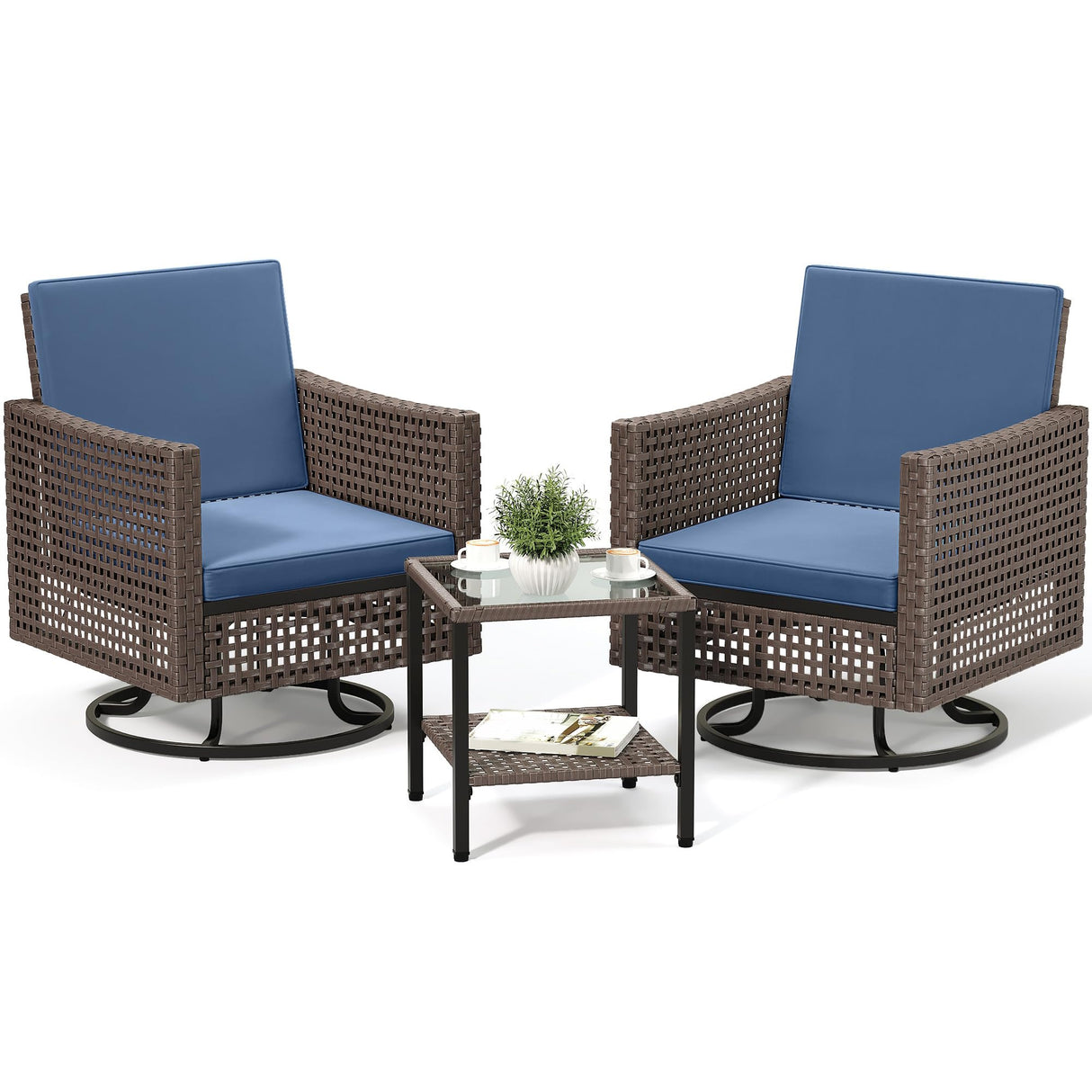 YITAHOME 3 Pieces Swivel Rocking Chairs, Patio Wicker Chairs Outdoor Patio Furniture Set with Rattan Side Table, Thickened Cushions, Bistro Swive Chairs Set for Porch, Patio, and Yard, Blue YITAHOME