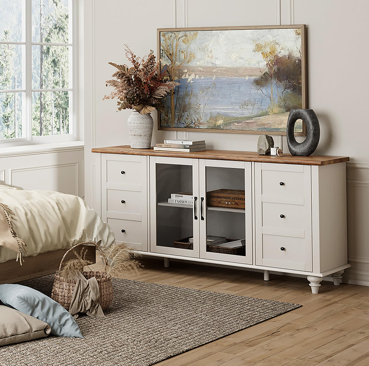 WAMPAT 4-Door Farmhouse TV Stand for TVs Up to 75 inch, Glass and Wood Universal TV Stand with 4 Storage Cabinets, White Entertainment Center for 32-75 inch TV Console Table,White WAMPAT