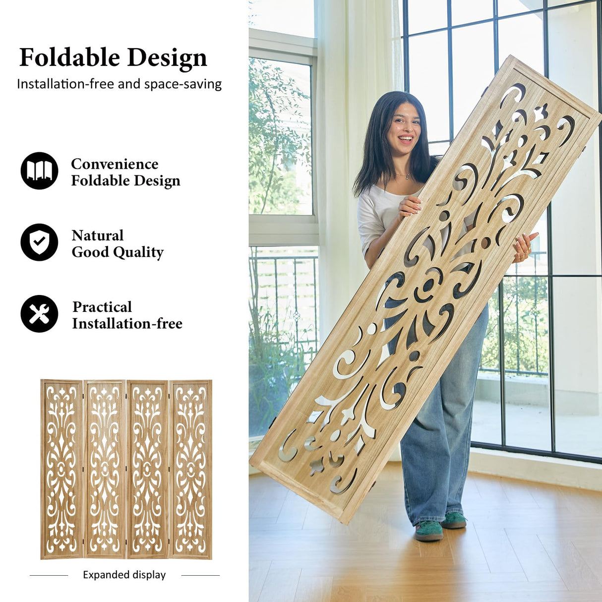 5.6Ft Room Divider Folding Wood Classical Carved Partition Screen for Home Office Garden - 4 Panels (Natural) Svimi