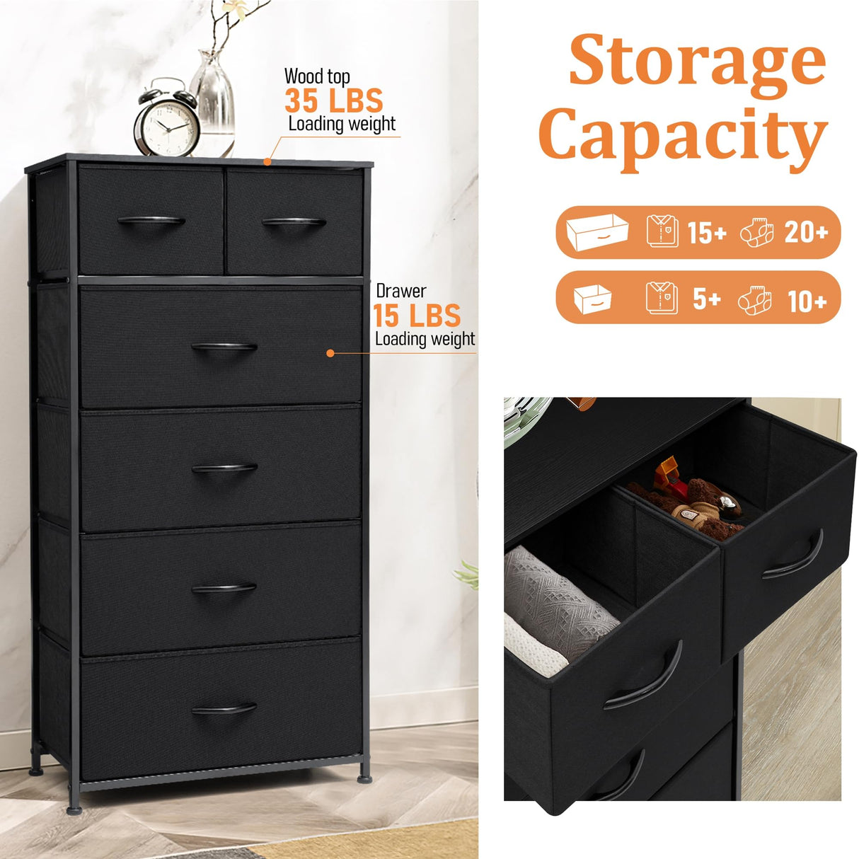 VredHom Fabric Dresser for Bedroom, Tall Skinny Dresser with 6 Drawers, Storage Organizer Tower, Steel Frame Wooden Top for Closet, Living Room, Hallway, Nursery(Black) VredHom