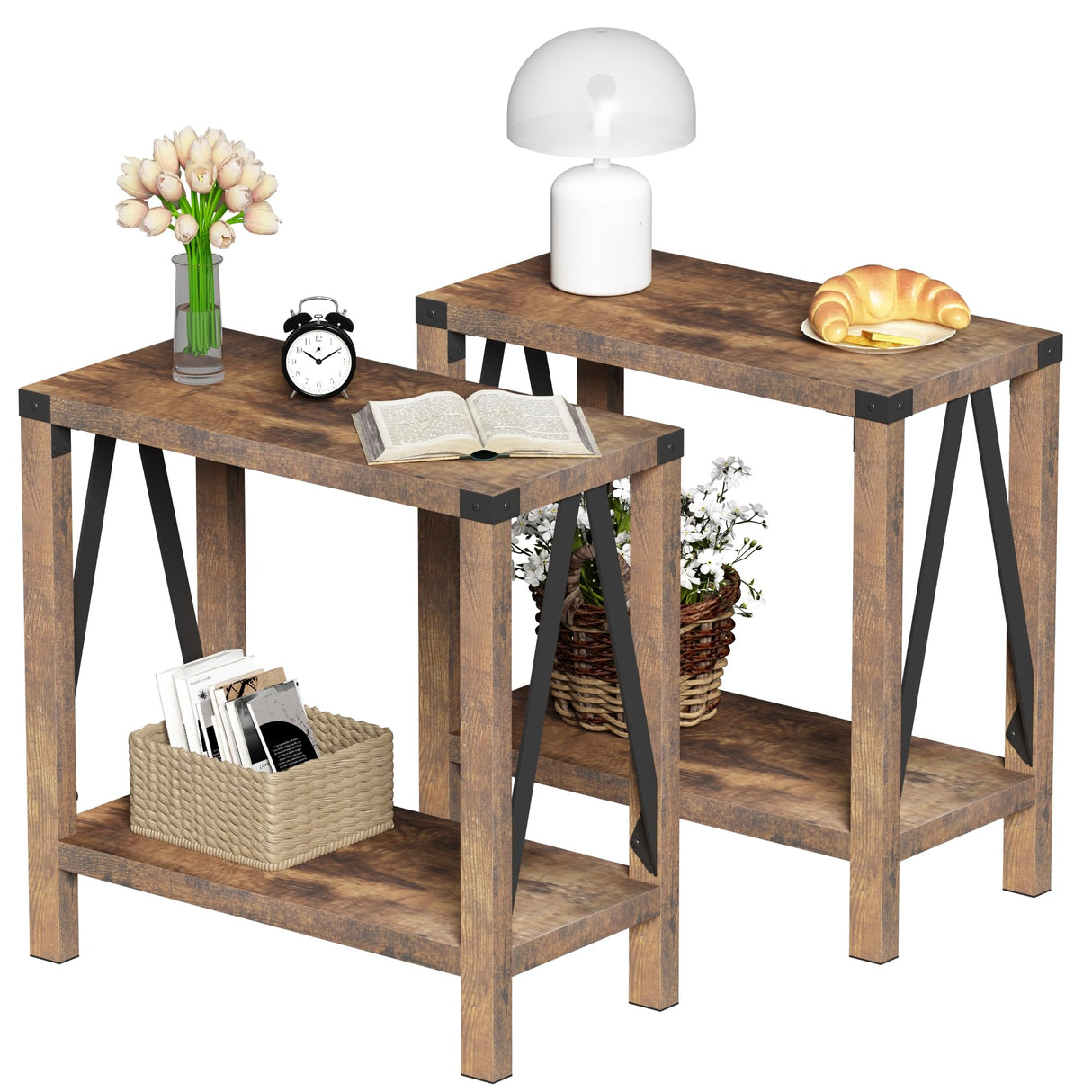 ChooChoo Farmhouse End Table for Small Spaces, Narrow Side End Table with Storage Shelf, Rustic A-Design Nightstand Sofa Table for Living Room, Bedroom (Rustic Brown) 2 Pack ChooChoo