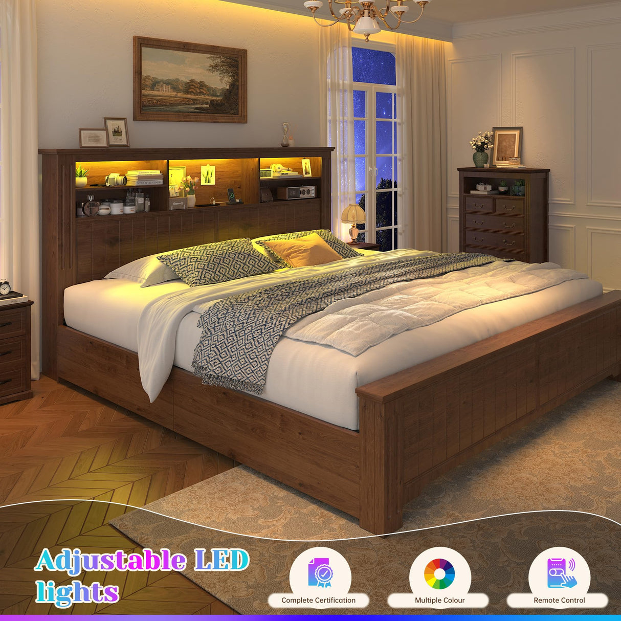 EnHomee King Size Bed Frame and Headboard & Storage, 4 Drawers & LED & USB King Bed Frame with Storage Farmhouse, Built in Charging Station,NO Noise,No Box Spring Needed,Brown EnHomee