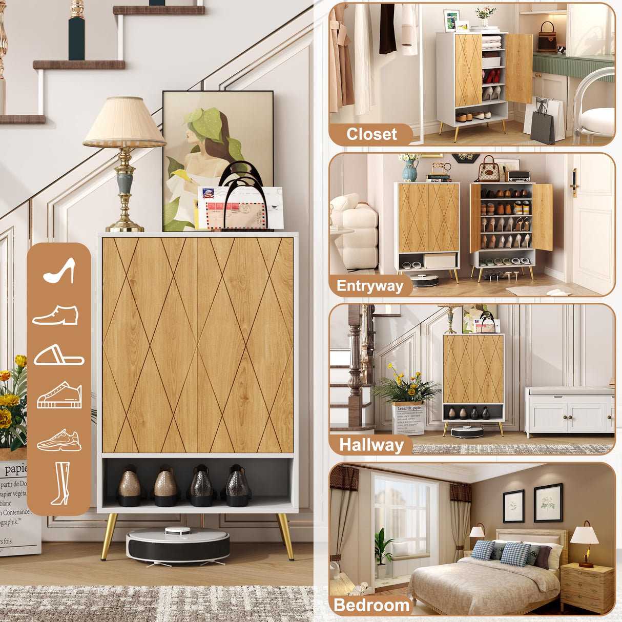 HOMEFORT Shoe Cabinet,15 Pairs Shoe Rack Organizer Cabinet, Shoe Storage Cabinet for Narrow Entryway Closet,6-Tier Modern Shoe Organizer with Double Doors and Adjustable Shelf (White Oak) HOMEFORT