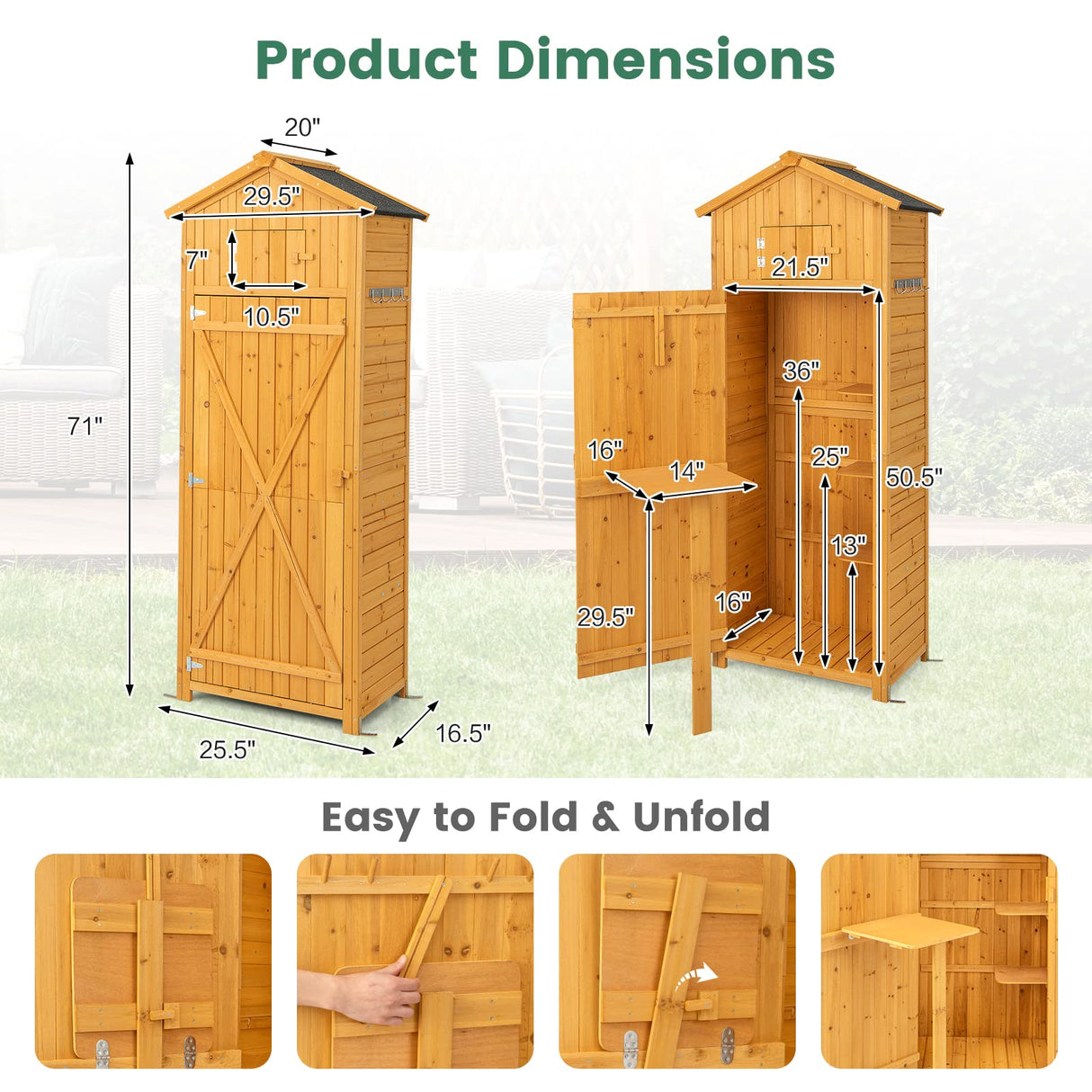 Goplus Outdoor Storage Shed, Wooden Garden Storage Cabinet with Lockable Doors, Foldable Table, Hooks, Utility Tool Organizer with Shelves, Waterproof Outside Tool Shed for Patio Backyard Lawn Goplus