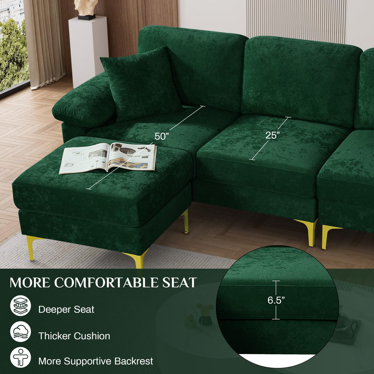 OUYESSIR L Shaped Sectional Sofa Couch, 3 Seat Velvet Sofa with Ottoman and Pillows, Upholstered Comfy Couch Sleeper for Living Room, Bedroom, 91 inches (Green) OUYESSIR