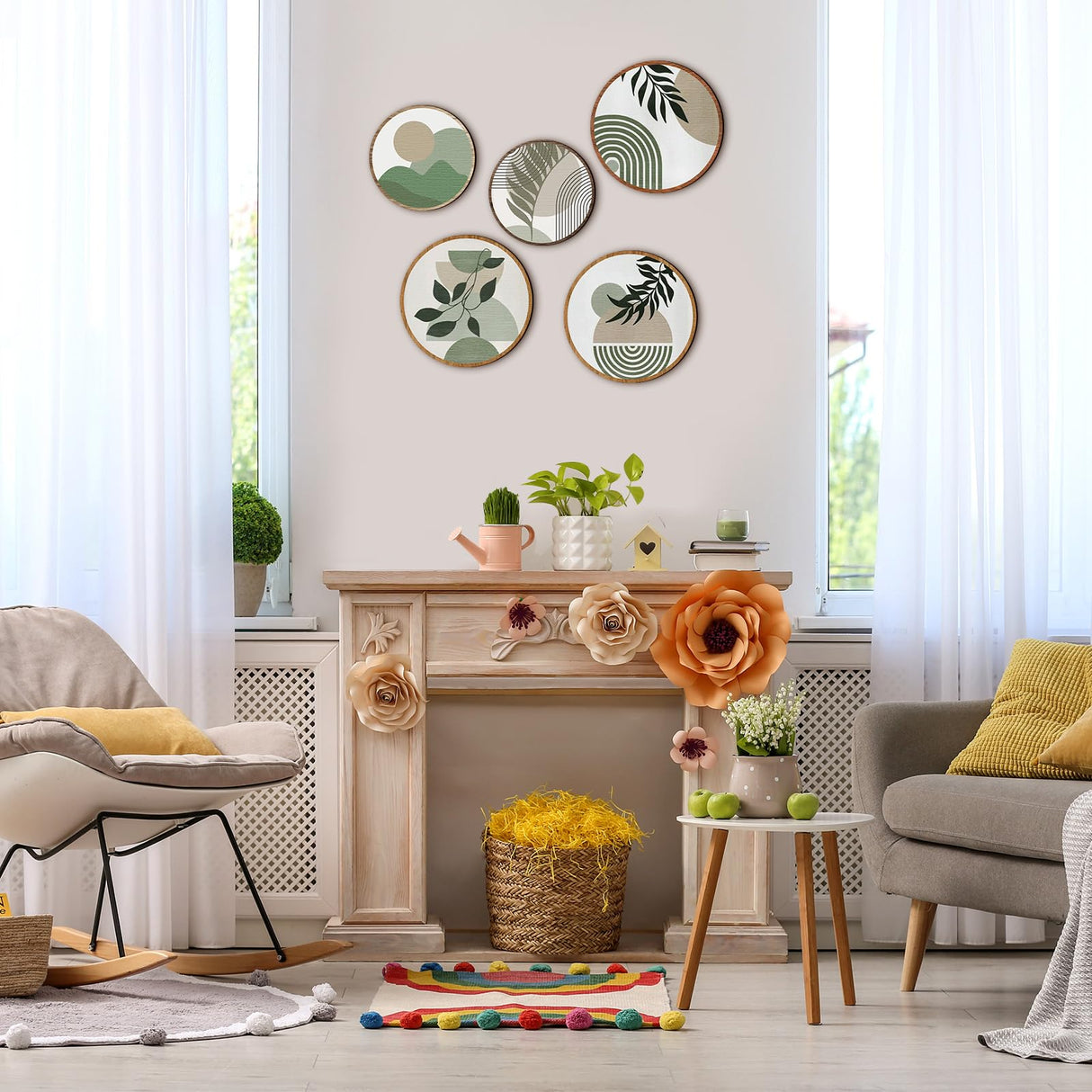 5 Pcs Boho Wooden Wall Art - Bohemian Geometric Hanging Decor for Living Room, Bedroom - 10'' and 8'' Greenery Minimalist Farmhouse Wall Hangings Qunclay