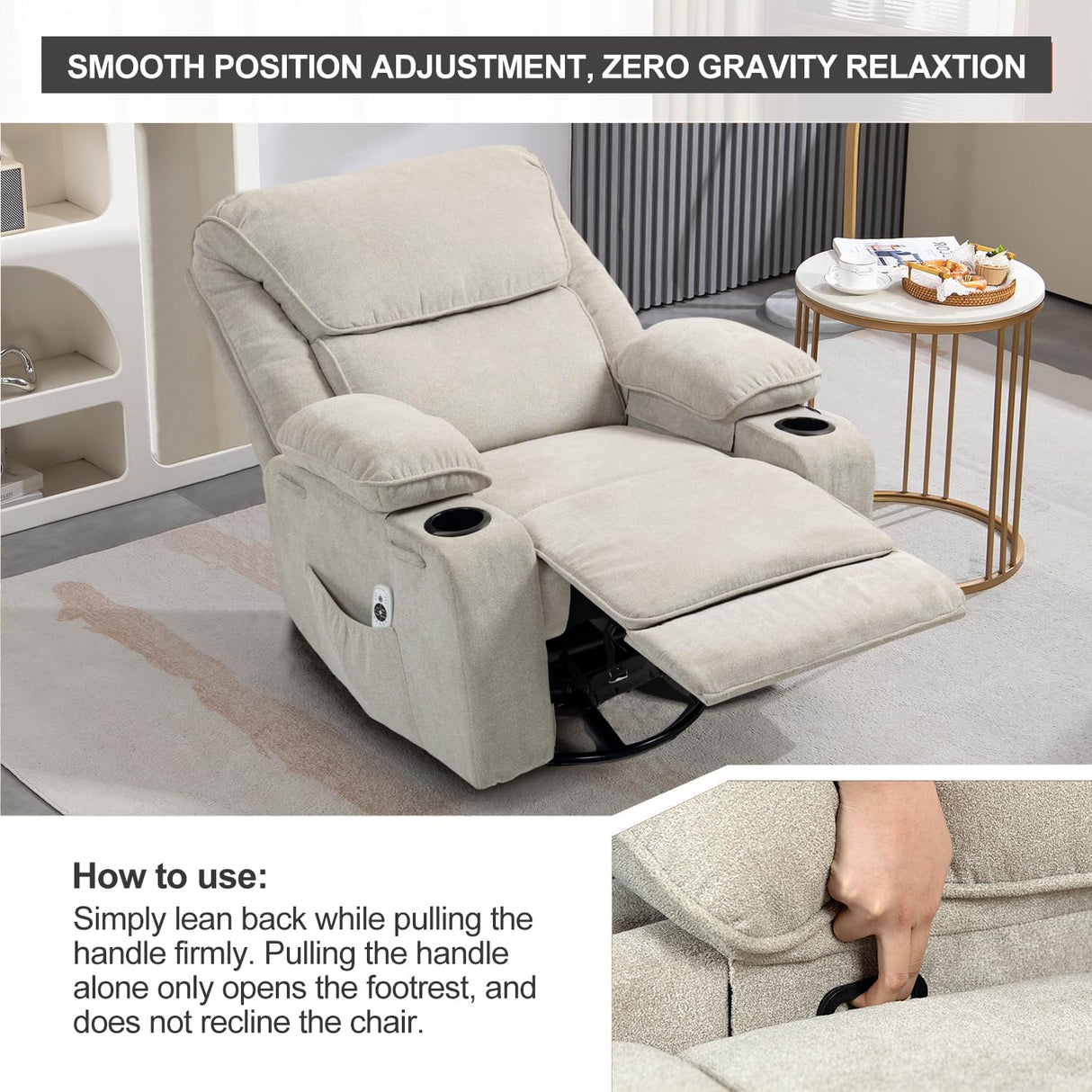 BRTHORY Rocker Recliner Chair with Massage and Heated, 360°Swivel Rocking Manual Recliner Chairs with Cup Holders Remote Control for Living Room (Gray Oatmeal) BRTHORY