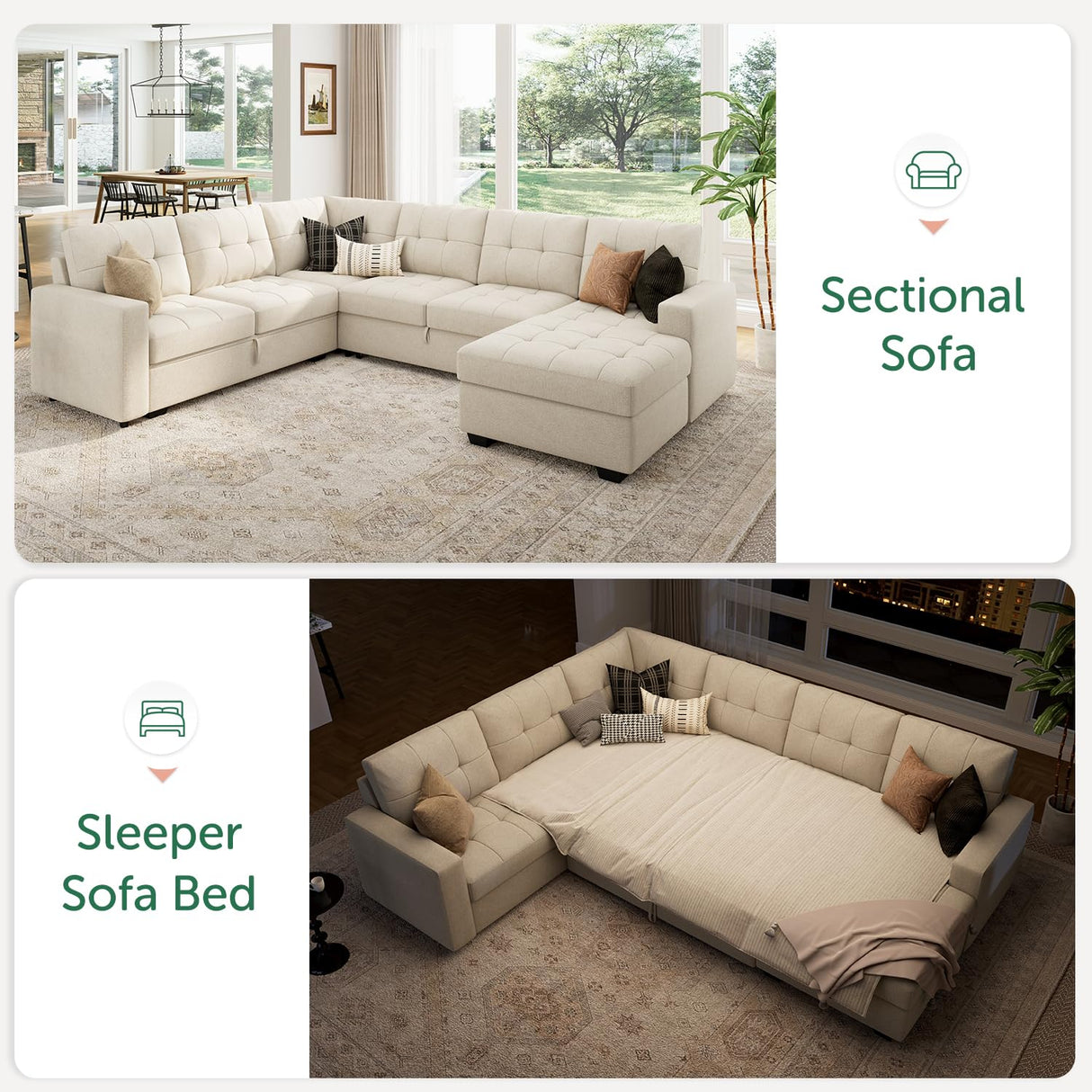 HONBAY Sleeper Sectional Sofa with Pull Out Bed, U Shaped Sectional Sleeper Couch with Storage Chaise, Convertible Sectional Sleeper Sofa Bed, Beige HONBAY