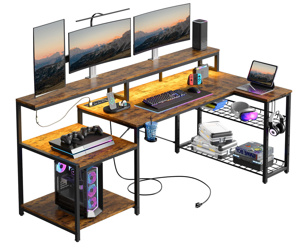 Bestier 71.5 inch Computer Desk with Power Outlets, LED Large Home Office Desk with Monitor Stand, L Shaped Corner Desk with Printer Stand Adjustable Shelf, Cup Holder & Headset Hooks, Brown Bestier
