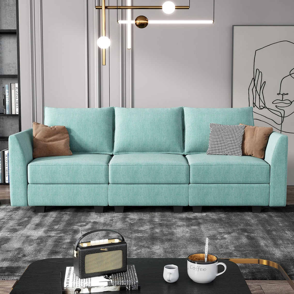 HONBAY Convertible Sectional Sofa Couch with Storage Seats Modular 3 Seater Sofa for Small Space, Aqua Blue HONBAY