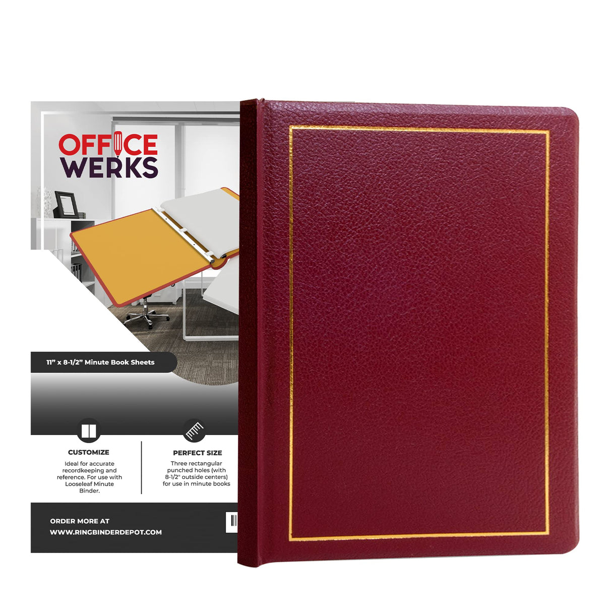 Office Werks Corporate Minute Book Binder, Maroon Leather w/Gold-Tooled Covers and Spines, Letter Size 8.5 x 11 Inches, 125 Pages/250 Sheet Capacity, 100 Minute Book Paper Included Office Werks