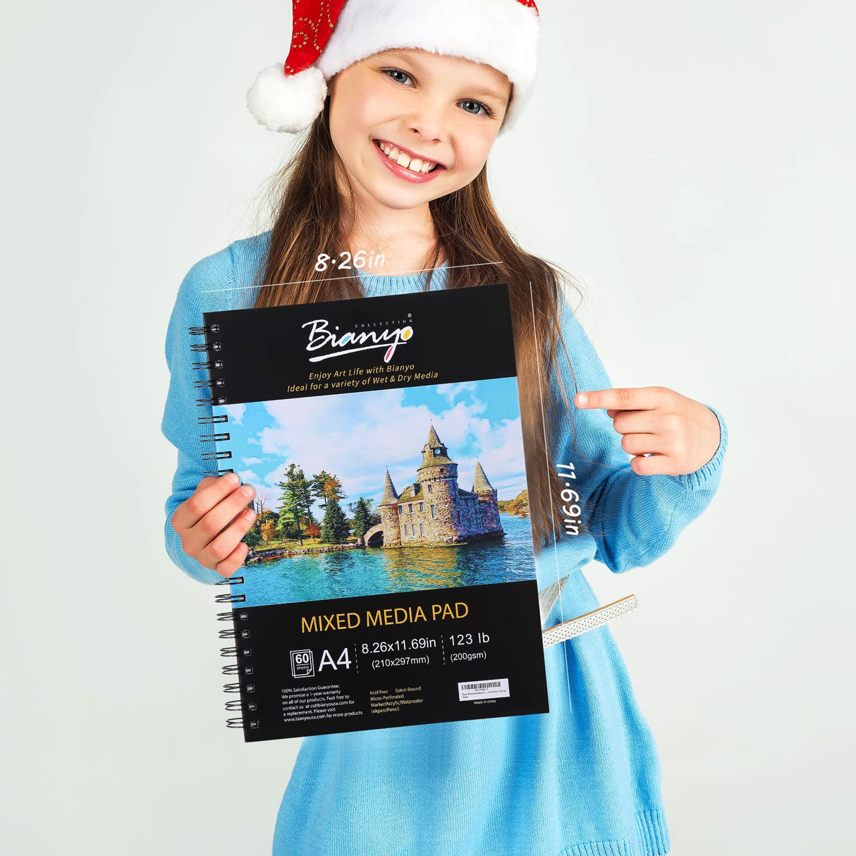 Bianyo Mixed Media Paper Pad, A4 (8.26" X 11.69"), 60 Sheets/Each, 123 LB/200 GSM, Pack of 1 Pad, Spiral-Bound Pad, Ideal for Wet & Dry Media Like Art Marker, Watercolor, Acrylic, Pastel, Pencil Bianyo