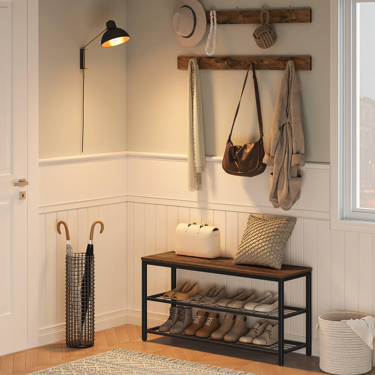 HOOBRO Hall Tree with Bench, Coat Rack Shoe Bench Set, Entryway Shoe Rack Bench with Coat Hooks, Hall Tree Coat Rack, 27.6"L x 11.8"W x 18.1"H, Industrial, for Foyer, Front Door, Rustic Brown BF07MT01 HOOBRO