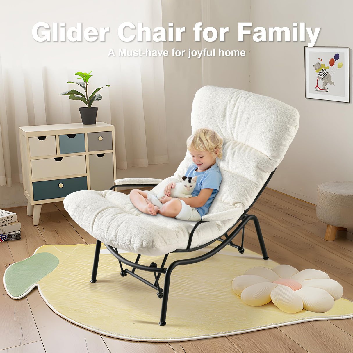 ovios Rocking Chair with Ottoman, Glider Recliner with Footrest, Lazy Accent Armchair with Comfy Cushion for Living Room Bedroom Office, Cloud Plush Velvet, White ovios