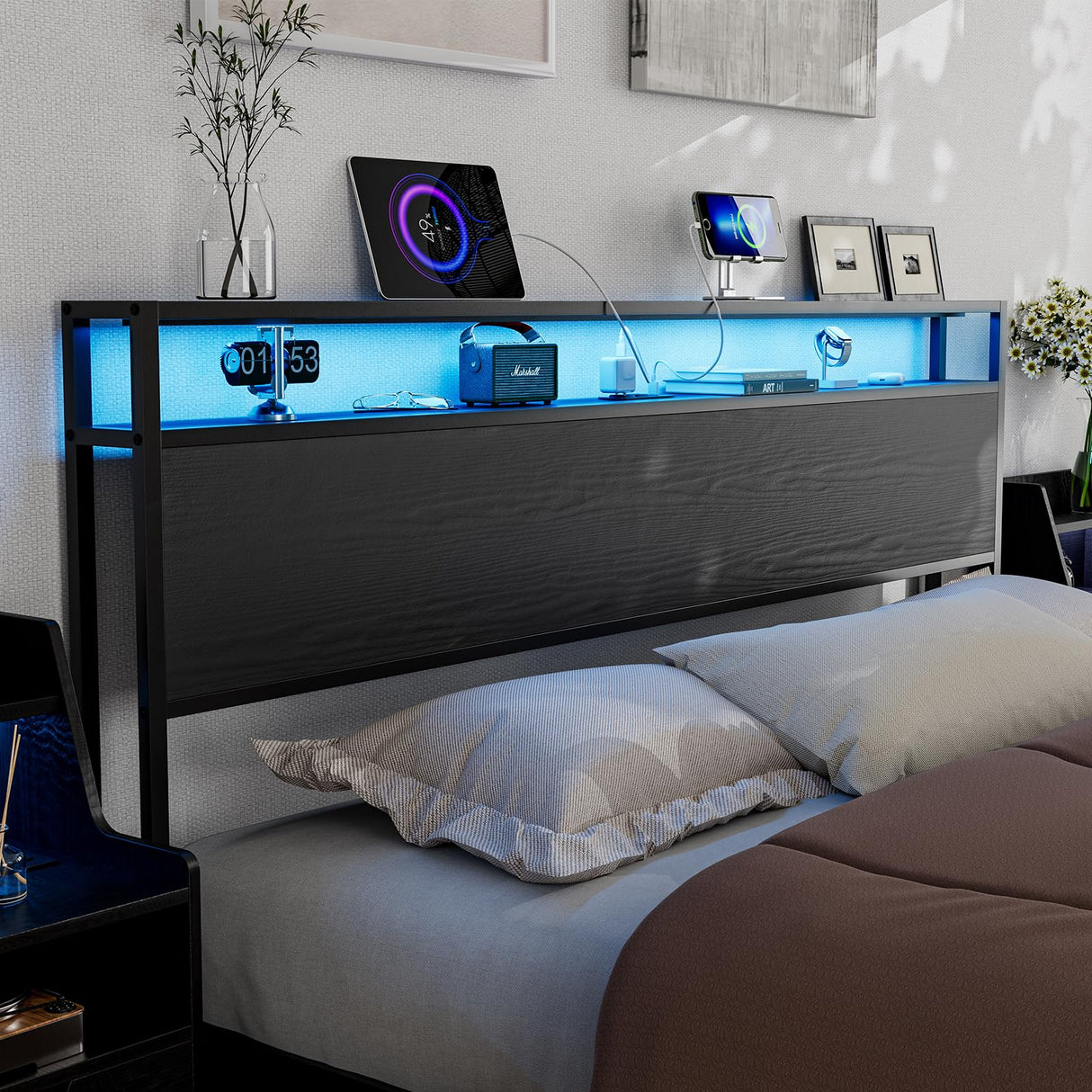 AOVSA King Size Storage Headboard with LED Mood Lighting, Charging Station & Metal/Wood Design - Black AOVSA