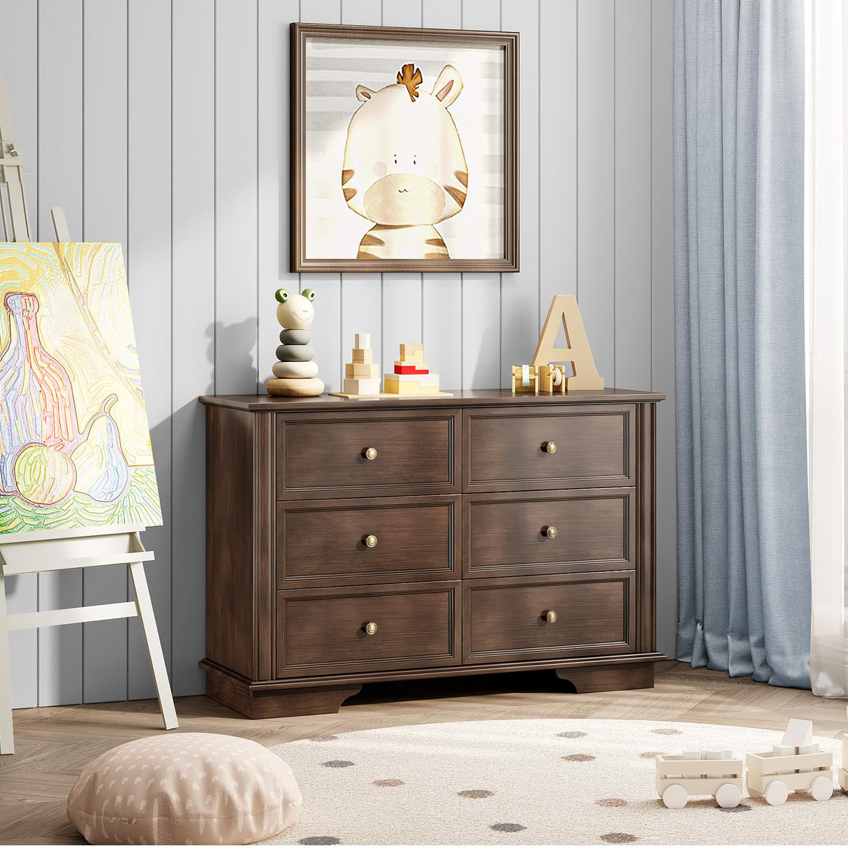 VINGLI 6 Drawer Dresser Wood, 47" Long Dresser for Bedroom, Chest of Drawers, French Vintage Brown Dressers for Living Room, Hallway, 47.24" W*15.75D*31.5" H VINGLI