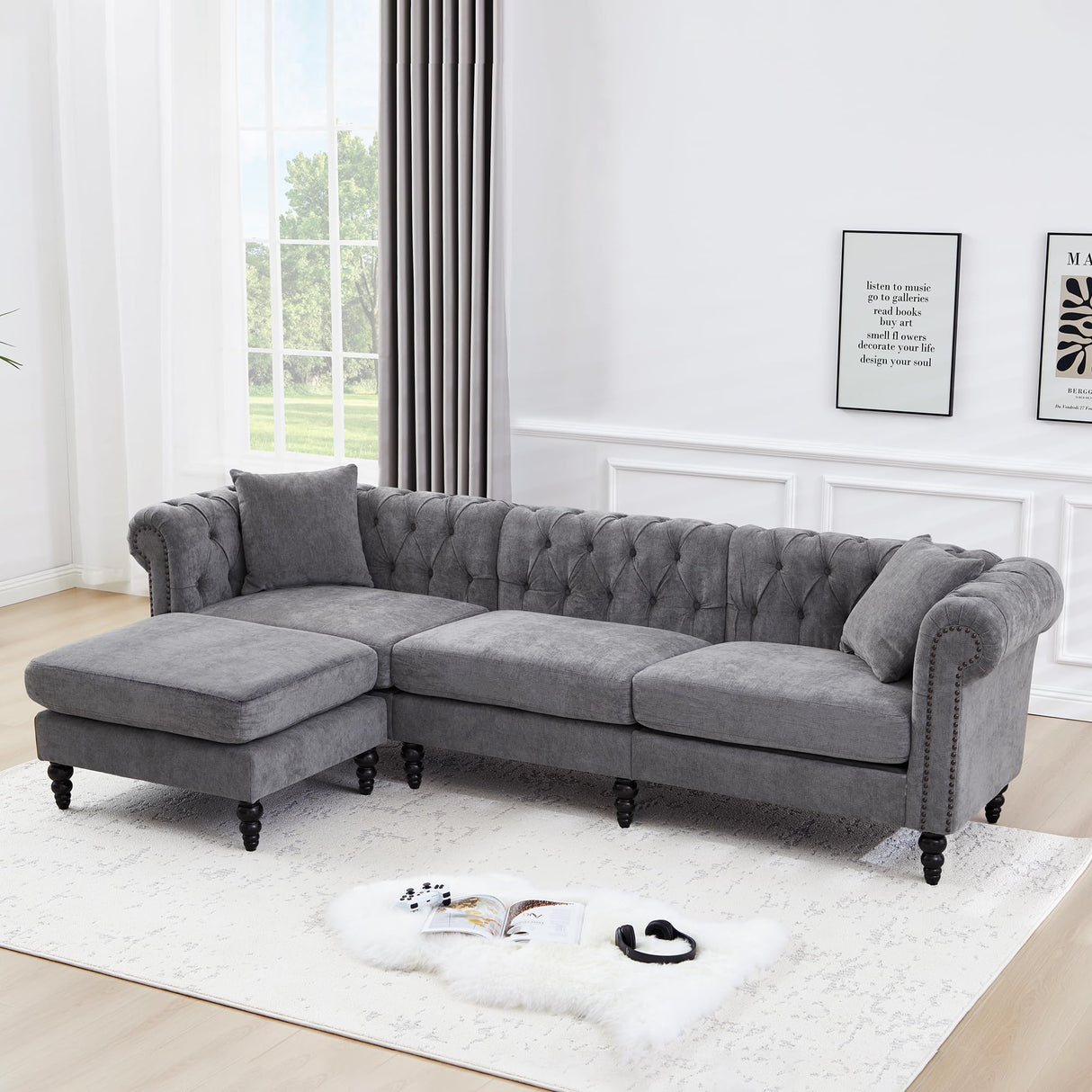 AVZEAR Chesterfield L Shaped Sofa Modular, Sectional Linen Fabric Couch with Ottoman and Pillow, Modern Bed Deep Seat Sofa Living Room Furniture Sets for Living Room, Bedroom and Apartment, Grey AVZEAR