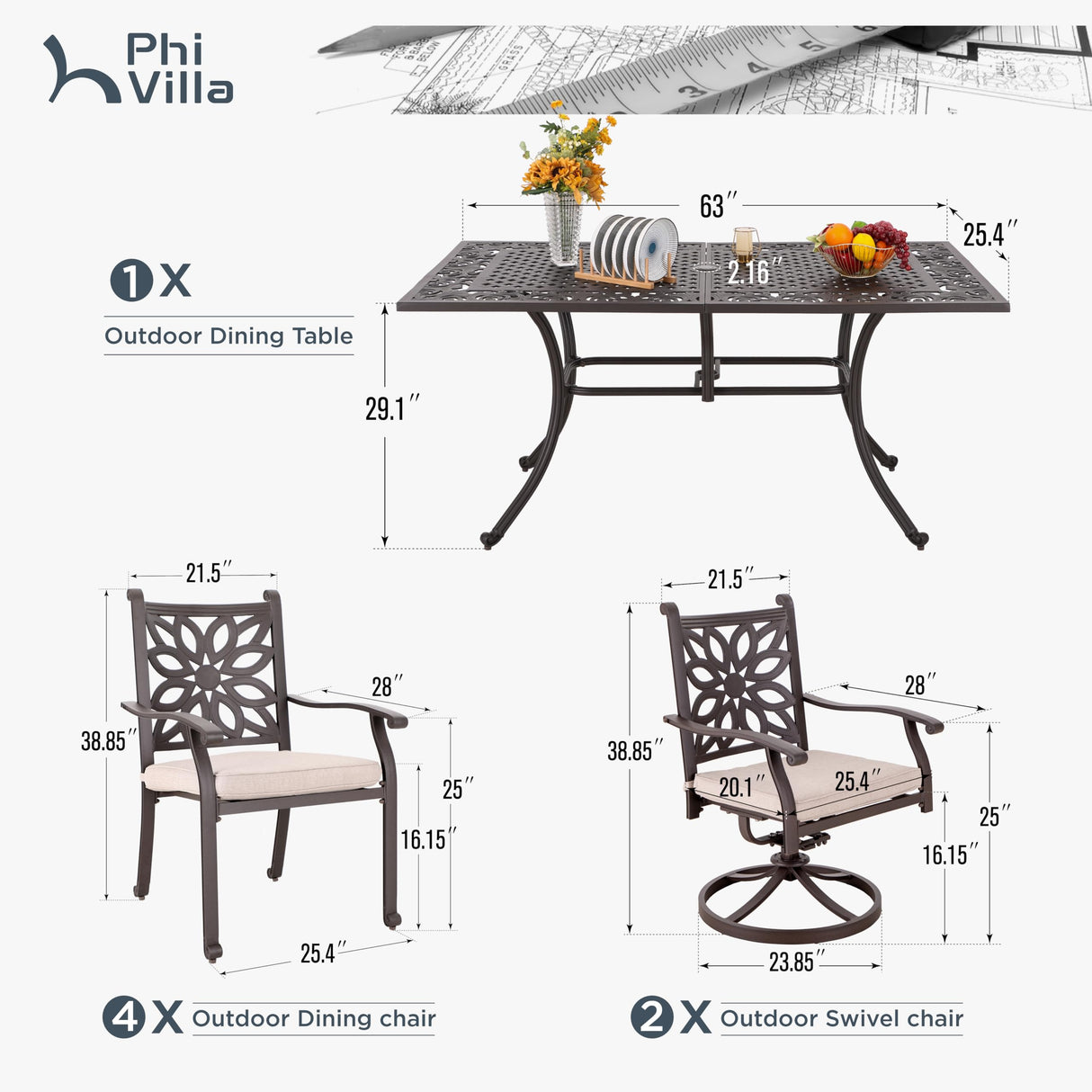 PHI VILLA Cast Aluminum Patio Dining Set for 6 Person, 7 Piece Outdoor Patio Set with 64" x 37" Cast-Top Aluminum Table(2.3" Umbrella Hole), 4 Dining Chairs and 2 Swivel Rockers with Seat Cushions PHI VILLA