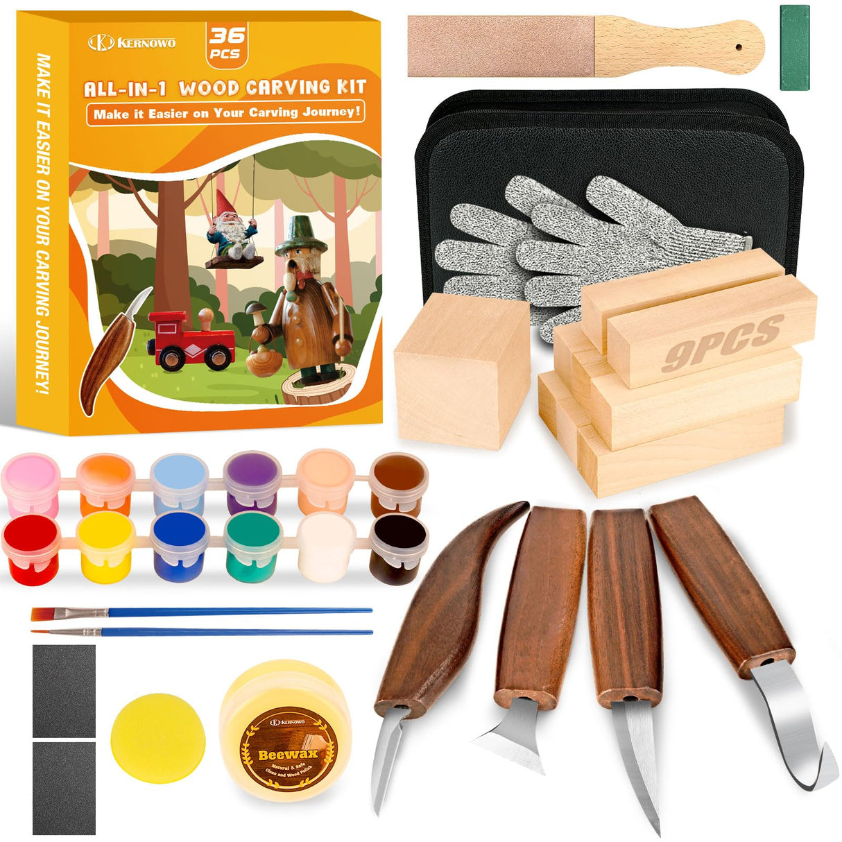 Wood Carving Kit, 36Pcs Wood Carving Tools with Paint and Beewax, Wood Whittling Kit with 4Pcs Whittling Knives & Storage Bag for Beginners and Enthusiasts K KERNOWO