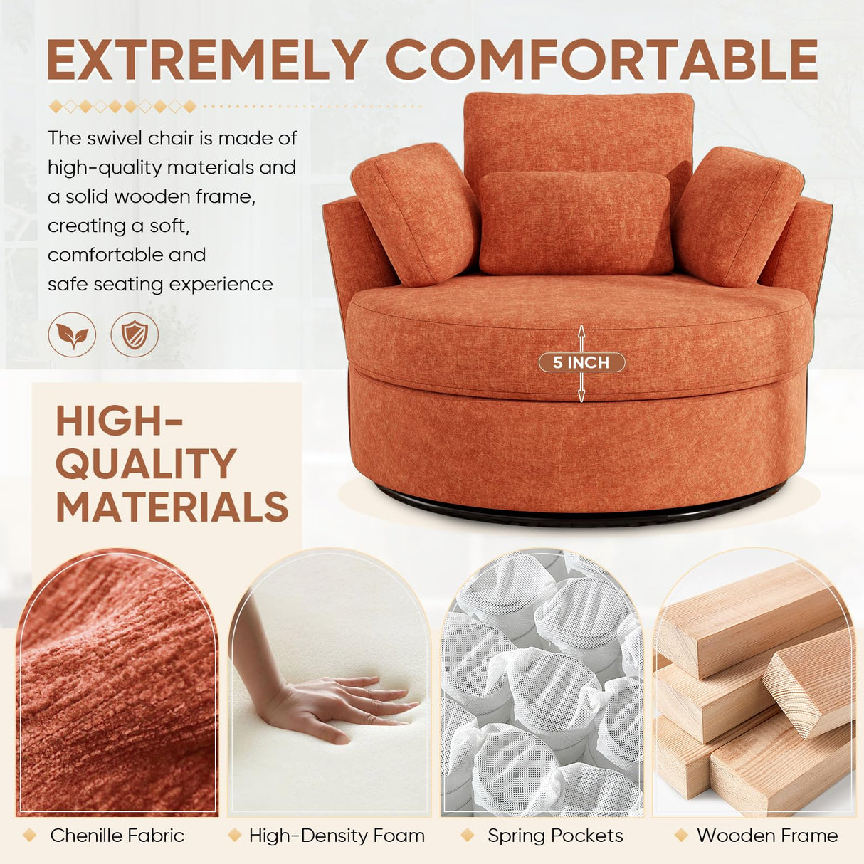 JEEOHEY Oversized Swivel Accent Chair with Half Moon Storage Ottoman, 42" W Chenille Round Swivel Barrel Chair, Modern Upholstered Comfy Single Sofa Armchair for Living Room, Bedroom, Club(Orange) JEEOHEY
