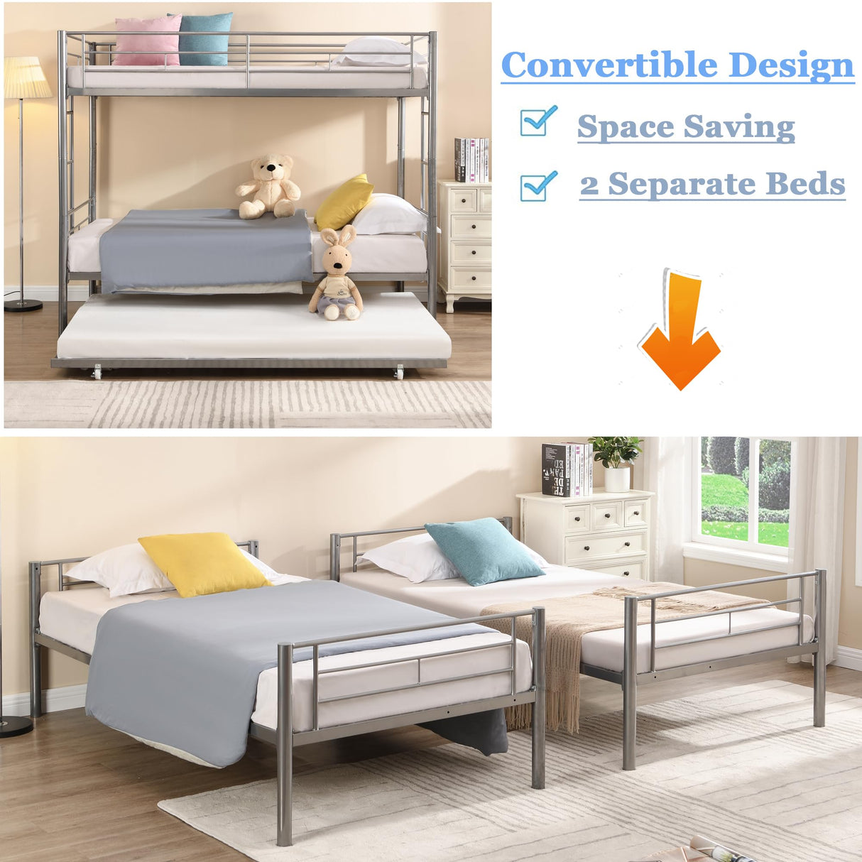 Heavy Duty Metal Bunk Bed Twin Over Twin for Kids Adults, Modern Twin Over Twin Bunk Bed with Trundle, Latest Version Twin Size Bunk Beds Frame, Convertible Bunkbed with Safety Guard Rails (Silver) FUSVZ