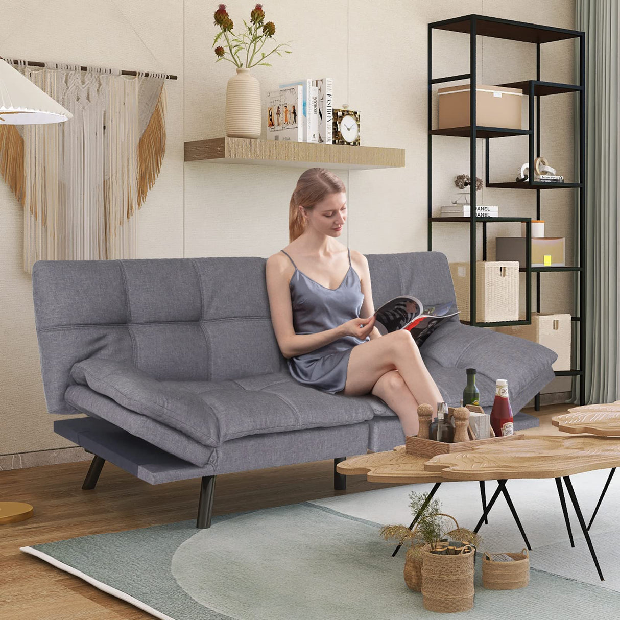 Opoiar Futon Sofa Bed Twin, Memory Foam Couch Bed with Mattress and Frame Included,Comfortable Grey Fabric Loveseat Sleeper Sofa for Dorm Apartment Office College Small Space Bedroom Opoiar