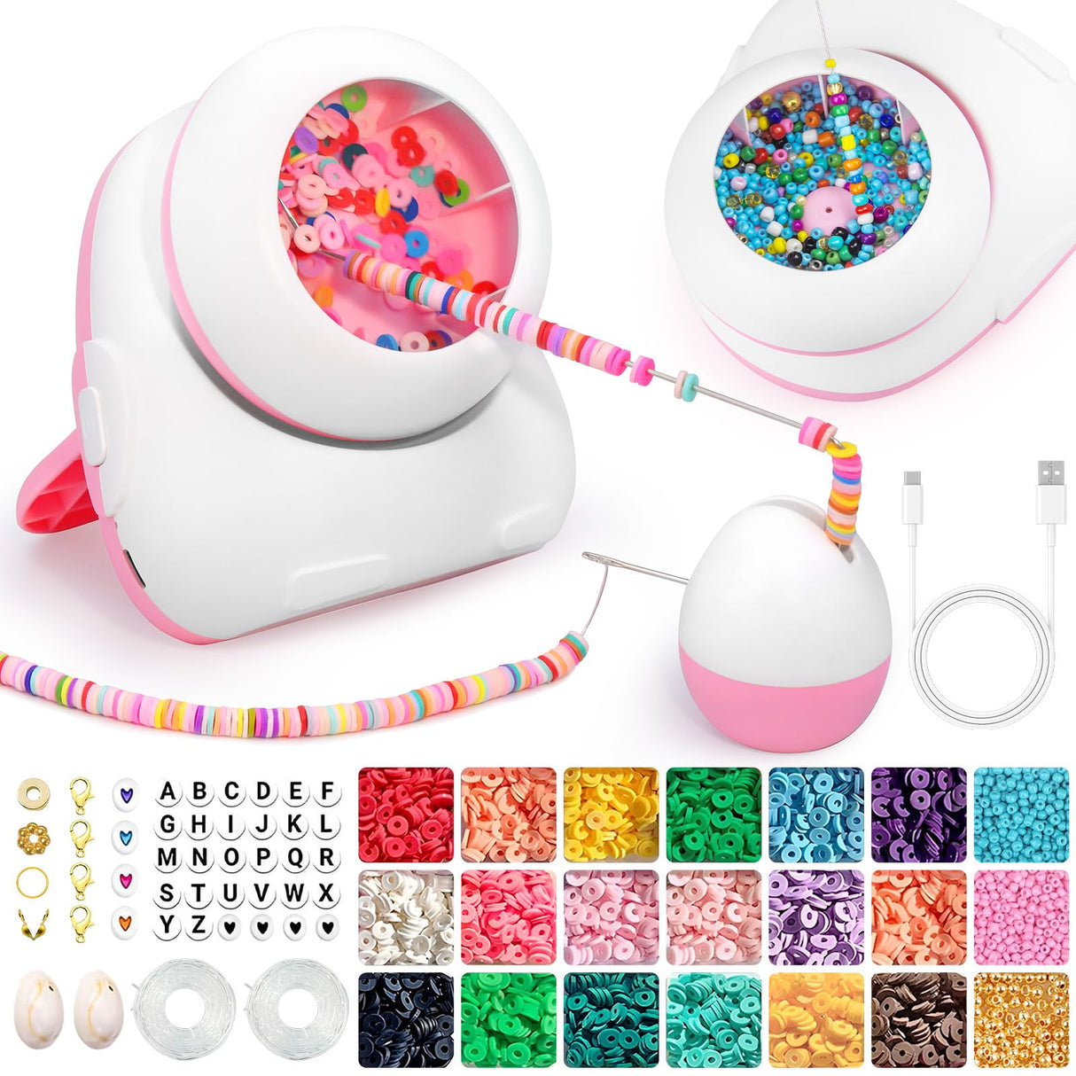 Electric Bead Spinner, Cordless Automatic 2-in-1 Clay Bead Bracelet Making Kit with 4200 PCS Clay Beads, Letter Bead, Seed Bead, Beading Needle and Thread Bracelet Maker for Jewelry, Craft Gift Choice Pskfvre