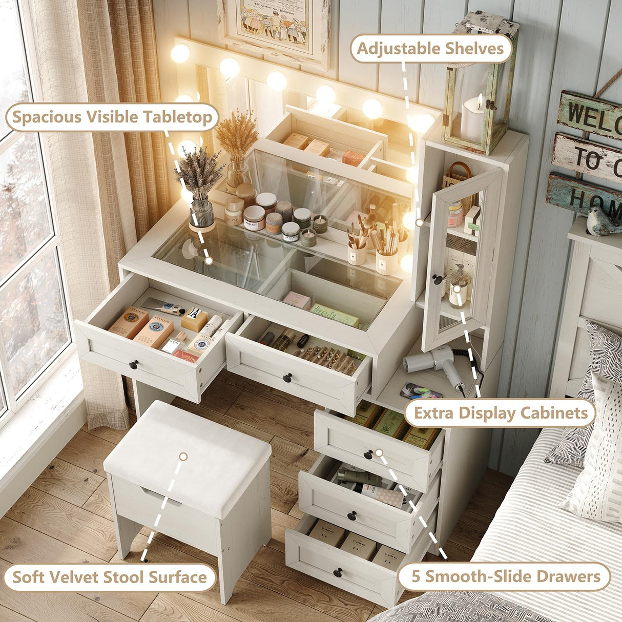 Diwnnue Large Farmhouse Mirror Vanity Desk with LED Bulbs White Makeup Table Set Glass Tabletop for Bedroom Charging Station & Power Outlet Adjustable Light Mode Diwnnue