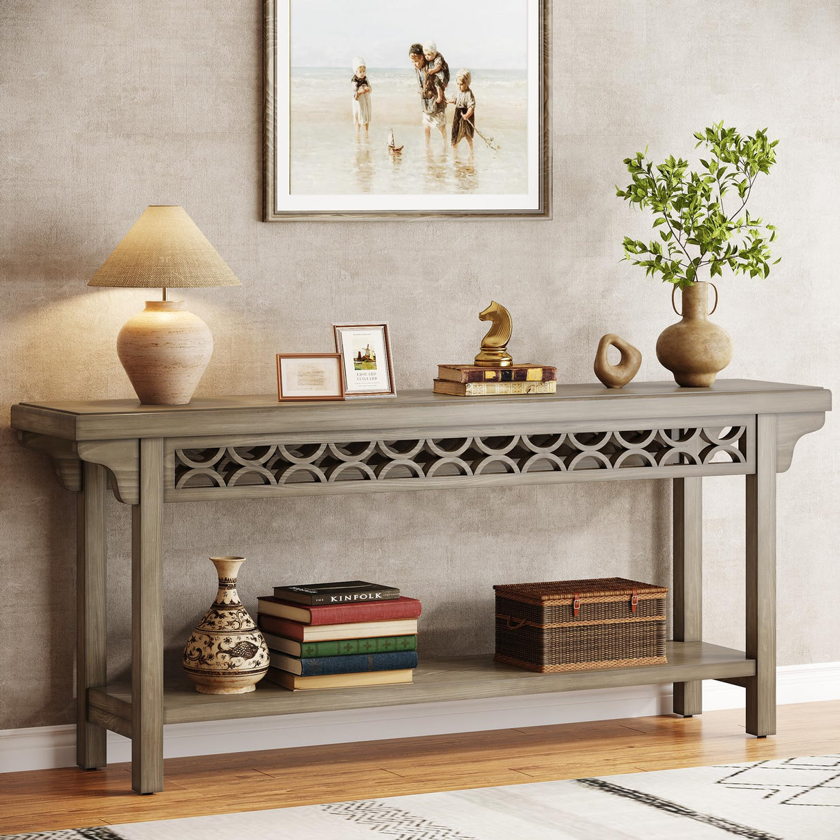 Tribesigns 70.8-Inch Solid Wood Long Console Table, Farmhouse Entryway Table with Storage, Narrow Sofa Table Grey Couch Table for Living Room Entryway Hallway (Gray) Tribesigns