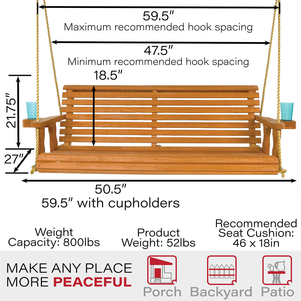 Amish Casual Heavy Duty 800 Lb Roll Back Treated Porch Swing with Hanging Ropes and Cupholders (4 Foot, Cedar Stain) Amish Casual