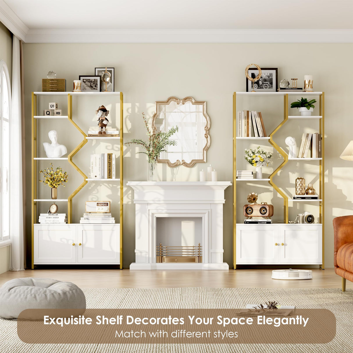 Keyluv 76" Tall Gold Bookshelf with Cabinet Storage, Multifunctional Open Display Bookcase with Door, Large Book Shelf Organizer for Living Room, Home, Office, Heavy Duty Metal & Wood, Modern White Keyluv