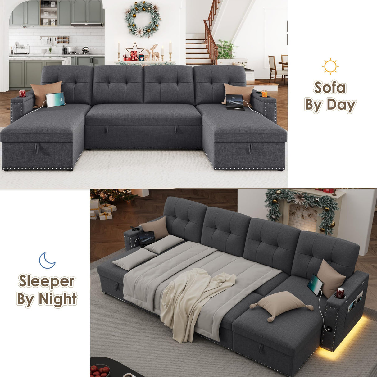 HIFIT 112" Sectional Couches for Living Room- Pull Out Sleeper Sofa Couch w/Storage Chaise,Storage Armrest,LED Light&USB Port&Cupholder, Modern Linen U Shaped Home Sofa Living Room Furniture Set, Grey HIFIT
