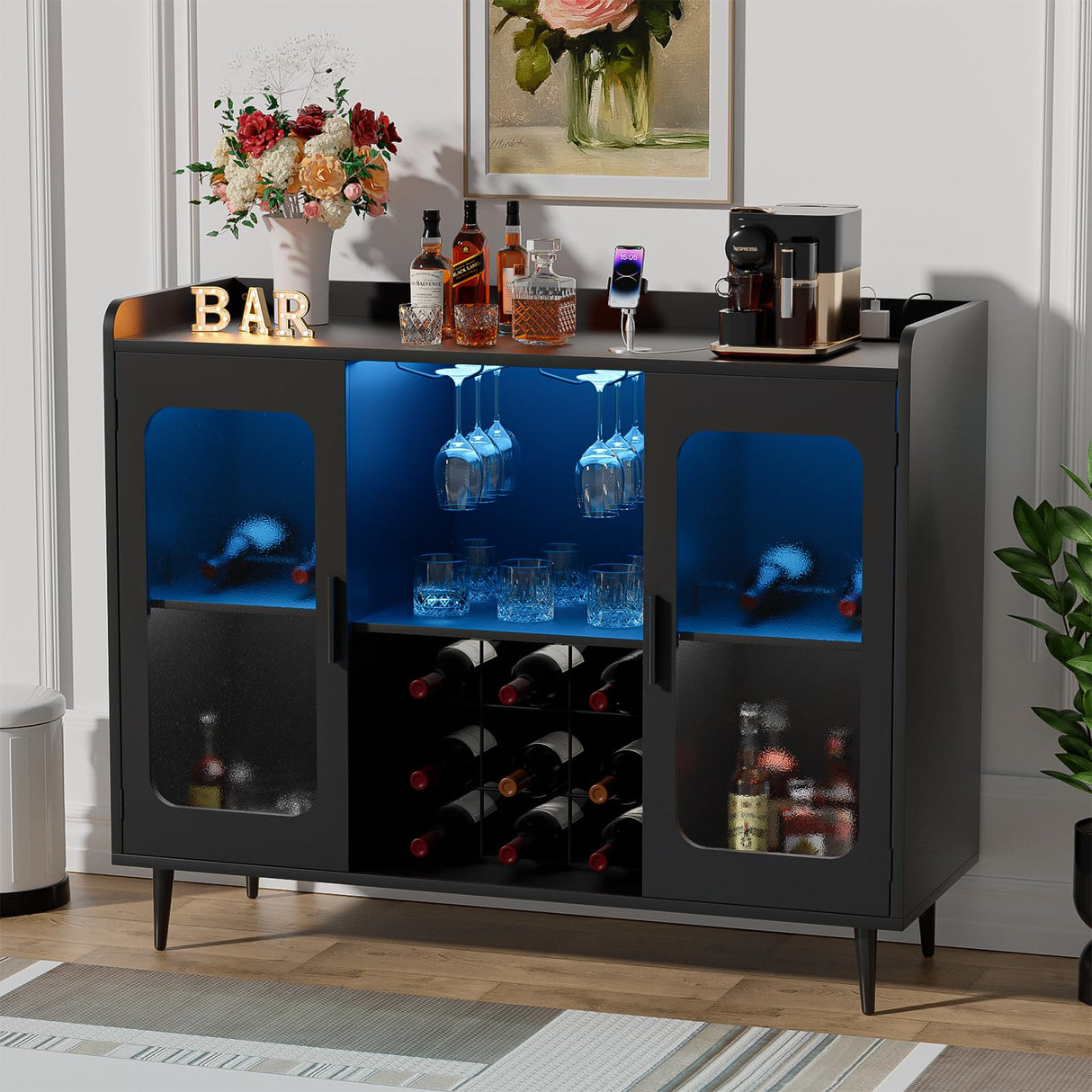 Hyomdeck Liquor Cabinet Bar with Power Outlet and LED Light, Wine Bar Cabinet with Wine and Glasses Rack, Home Coffee Bar Cabinet, Buffet Sideboard with Storage Shelf for Kitchen, Dining Room, Black Hyomdeck