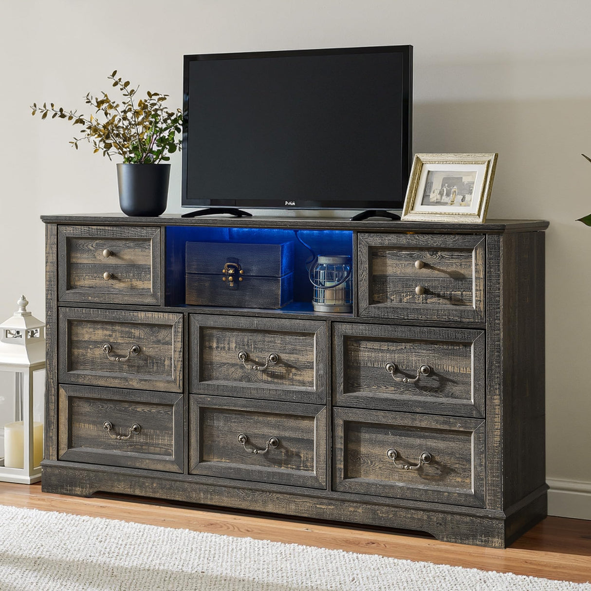 Homkdom Dresser for Bedroom with Charging Station & Led Lights,55.02" TV Stand with 8 Drawers,Dressers & Chests of Drawers with Open Shelves,Hallway,Closet 55.02" W x 34.53" H x 15.77" D Rustic Oak Homkdom