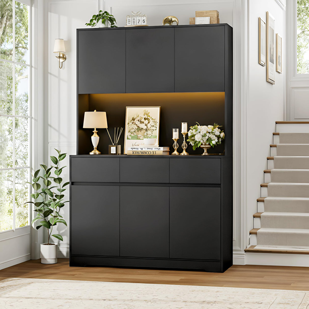 FINETONES 71" Tall Pantry Cabinet with Power Outlets and Led Lights, Large Kitchen Hutch Storage with Microwave Stand, Black Pantry Kitchen Cabinet with Cupboard FINETONES