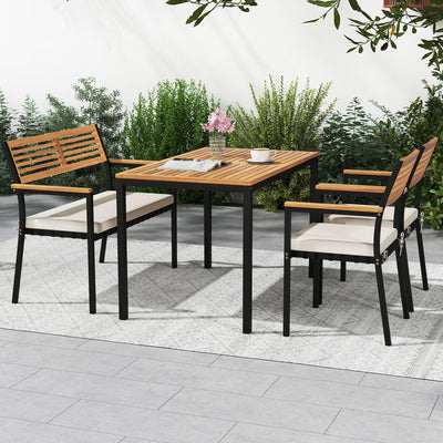 Toolsempire 4 Pieces Patio Dining Table Set, Outdoor Rectangle Table w/Loveseat & 2 Stackable Chairs, Cushions, Umbrella Hole, Acacia Wood Armrests & Tabletop, Dinette Furniture for Backyard Garden
