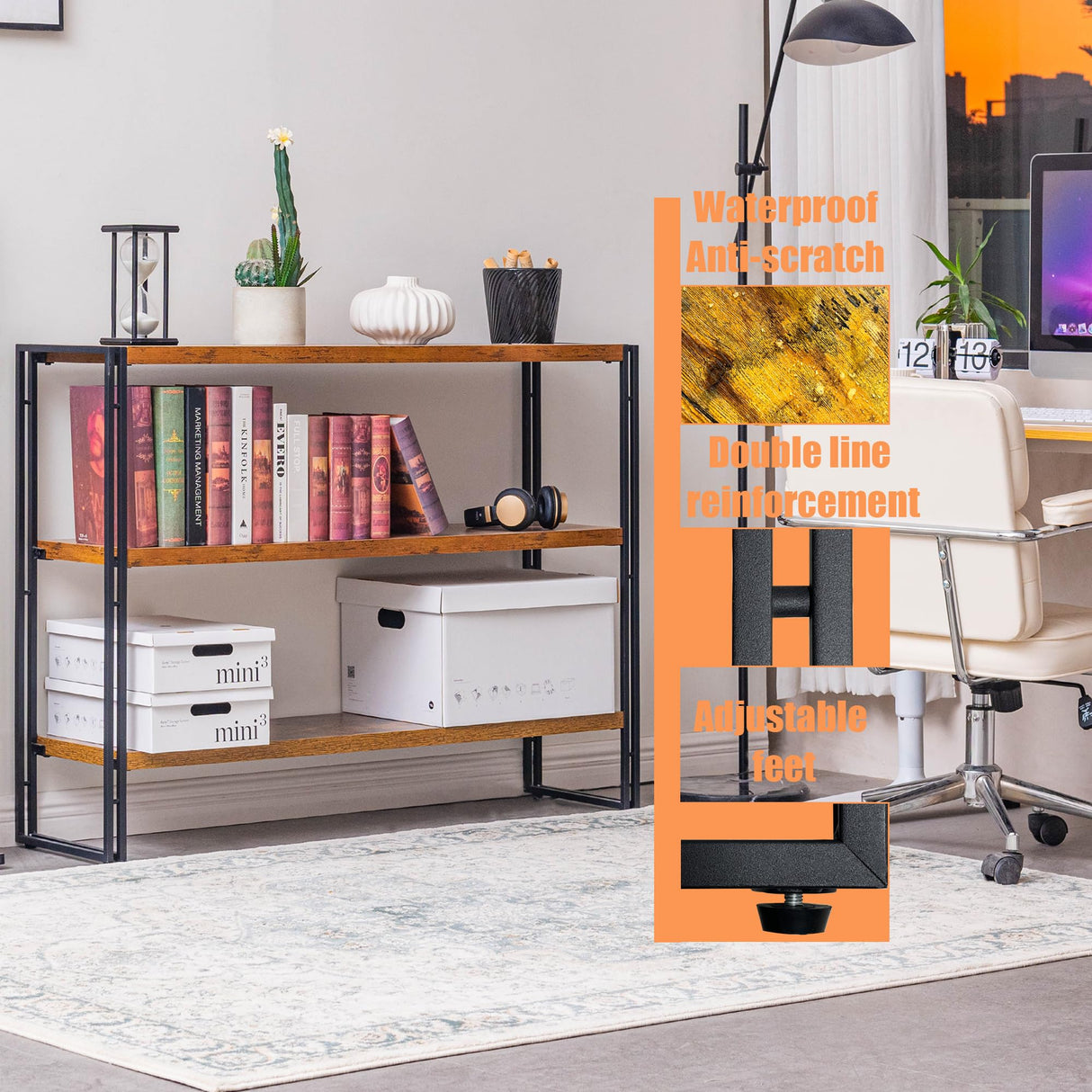 BCLOUDNEST Bookshelf, 3 Tier Horizontal Bookcase, Industrial Book Shelf for Living Room, Home Office, Kitchen, Rustic Brown BCLOUDNEST