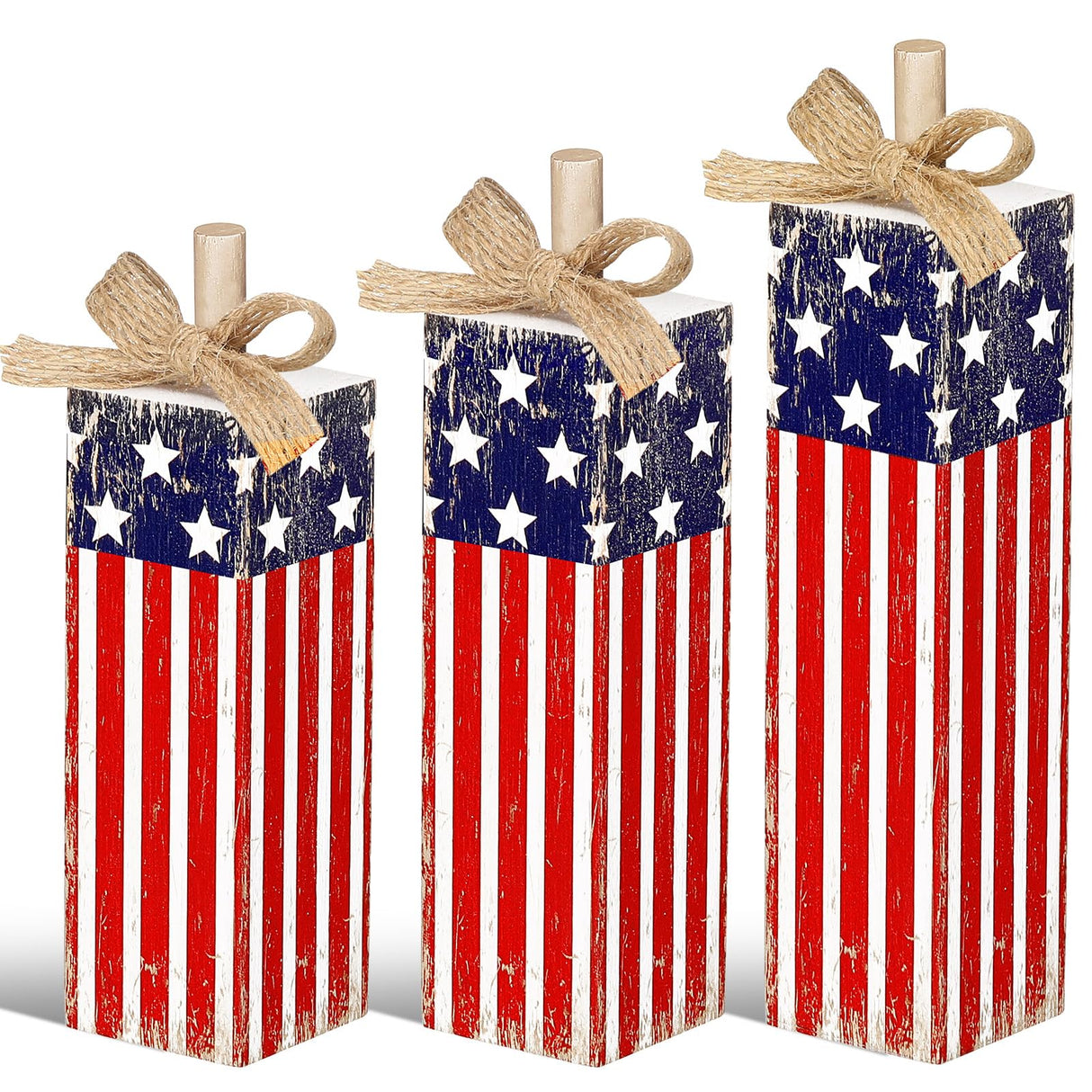 Redbaker 3 Pcs Patriotic Tiered Tray Decor Memorial Day Decorations 4th of July Wood Table Block and Centerpieces Rustic Farmhouse Wooden Firework Sign for Home Tabletop Shelf Decor Redbaker