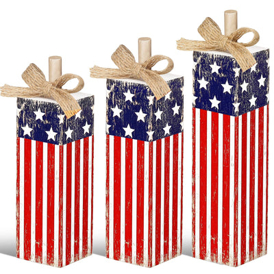 Redbaker 3 Pcs Patriotic Tiered Tray Decor Memorial Day Decorations 4th of July Wood Table Block and Centerpieces Rustic Farmhouse Wooden Firework Sign for Home Tabletop Shelf Decor