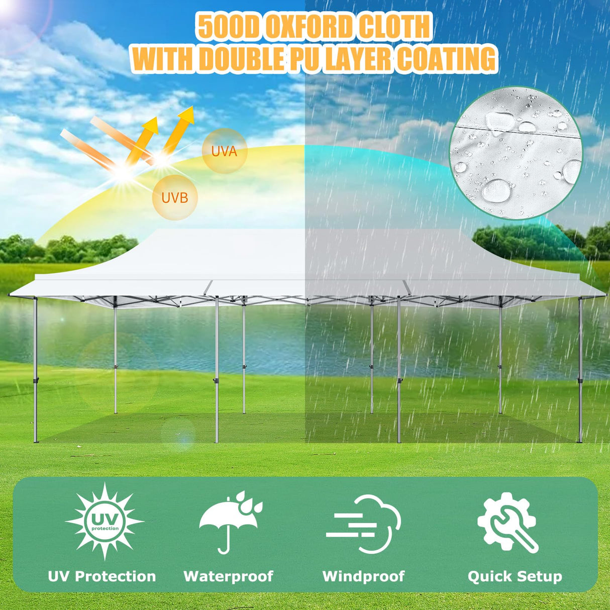 COBIZI 10x30 Pop Up Canopy Tent with Awning,Heavy Duty Canopy UPF 50+ All Season Wind Waterproof Commercial Outdoor Street Vendors Party Tents for Parties Canopy with Roller Bag(10 x 30 ft White) COBIZI