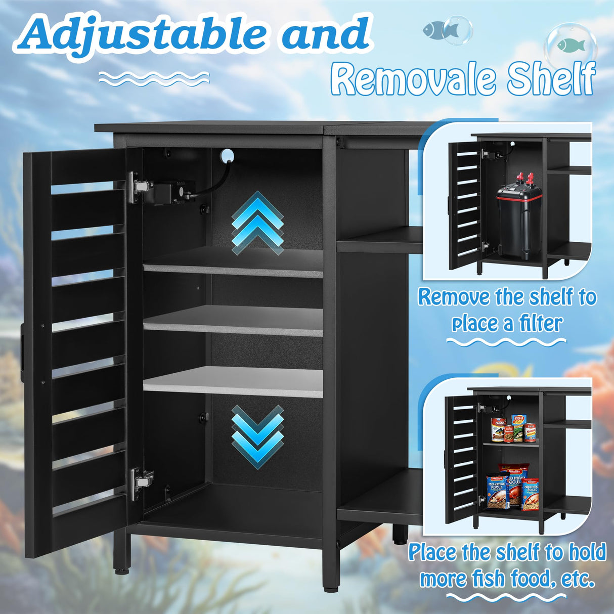 GUNJI 55-75 Gallon Aquarium Stand, Fish Tank Stand with Cabinets and Shelves, Aquarium Tank with Power Outlets, Heavy Duty Metal Turtle Tank 52 inch x 19.68 inch Desktop for 1200LBS Capacity (Black) GUNJI