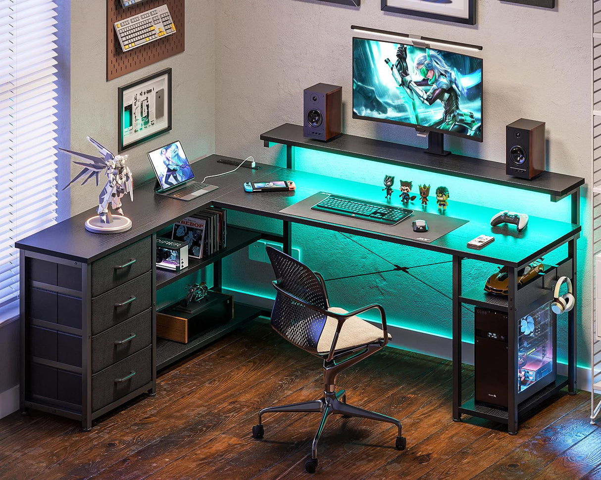 AODK 61" L Shaped Desk with Drawer, Computer Desk with Power Outlets & LED Lights, Reversible Corner Gaming Desk for Home Office Workstation, Office Desk with Monitor Shelf, Pure Black AODK
